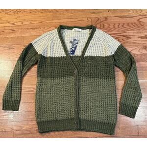 NWT Olive & Oak Chunky Knit Colorblock Cardigan Sweater Green Cream Size M